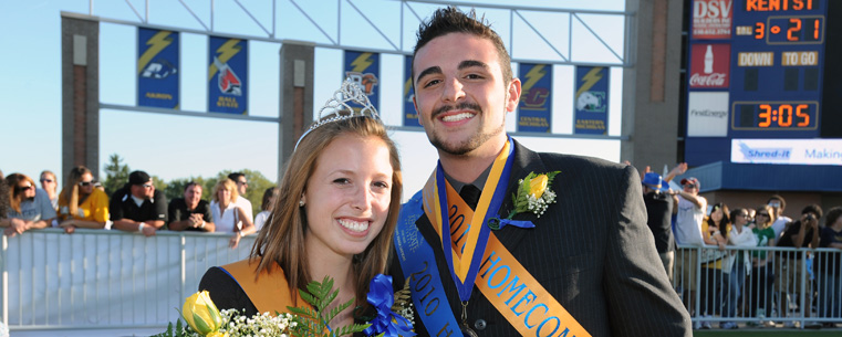 <p>Homecoming queen Jessica Hubbard and king Carl Belfiore pose after halftime ceremonies at the football game.</p>