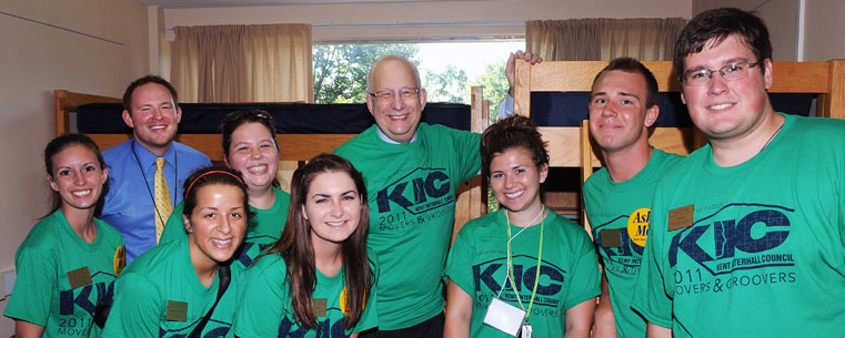 President Lester A. Lefton and James Hardy, special assistant to the president, made the climb to the third floor of Manchester Hall to deliver furniture and supplies to incoming freshmen during Welcome Weekend 2011.