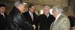 Kent State University President Lester A. Lefton greets U.S. Transportation Secretary Ray LaHood and Congressman Tim Ryan at the Kent Central Gateway multimodal transit center in downtown Kent.