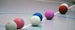 Dodgeballs line the center of the court prior to the start of a Kent State Dodgeball Club match.