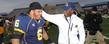 Head Coach Darrell Hazell congratulates defensive lineman Dana Brown Jr. following Kent State's 28-22 win over Eastern Michigan at Dix Stadium.