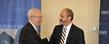 Kent State University President Lester A. Lefton shakes hands with Dr. Todd Diaconfollowing Lefton's announcement that Diacon has been named the university's new senior vice president for academic affairs and provost.