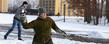 Students participate in a snowball fight on Manchester Field near Centennial Court.