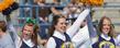 The Kent State cheerleaders cheer on the Golden Flashes during player introductions at Dix Stadium.<br />