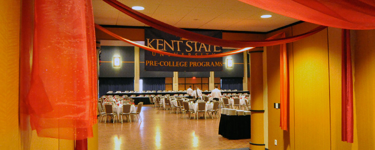 <p style="">The Kent Student Center Ballroom gets set up for the Senior Scholarship Banquet hosted by Kent State University's Pre-College TRIO Upward Bound Programs. Photo by Bruce Mitchell Sr.</p>