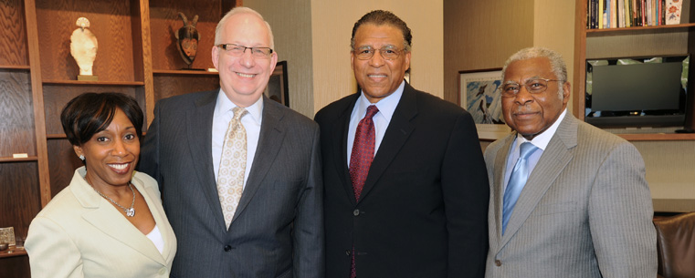 Pictured (left to right) are Dr. Alfreda Brown, Kent State's vice president for diversity, equity and inclusion; Kent State President Lester A. Lefton; André Thornton, the university's first President's Ambassador; and Rev. Ronald Fowler, special assistant to the president and consultant to the university.