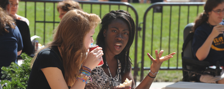 Incoming freshmen share lunch in the newly renovated Risman Plaza following the 2010 Convocation.