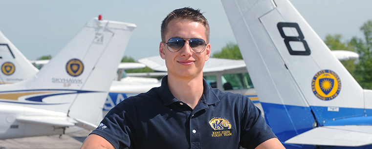 Kent State aeronautics student Ryan Weber from Chardon, Ohio, won the top spot in the power-on landing competition at the National Intercollegiate Flying Association’ s Safety and Flight Evaluation Conference (SAFECON 2013) in Columbus, Ohio.