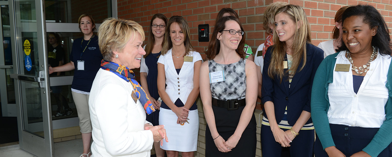 Kent State President Beverly Warren is greeted by members of the faculty and staff upon arriving at Kent State University at Ashtabula.