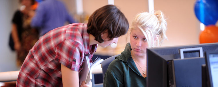 A student receives instruction while working in the newly dedicated Math Emporium on the second floor of the Kent State University Library.