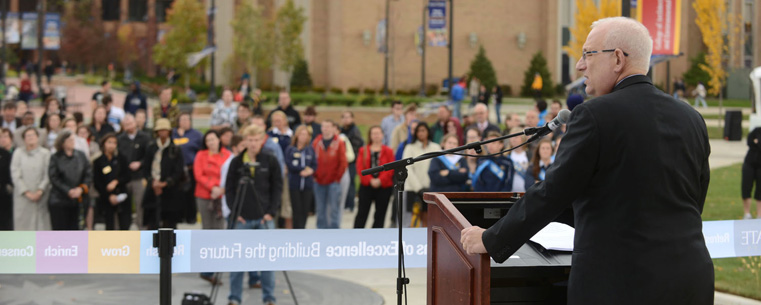 Kent State President Lester A. Lefton speaks during the dedication of the new Student Green, which is located at the heart of the campus in front of the Risman Plaza and the Kent Student Center.