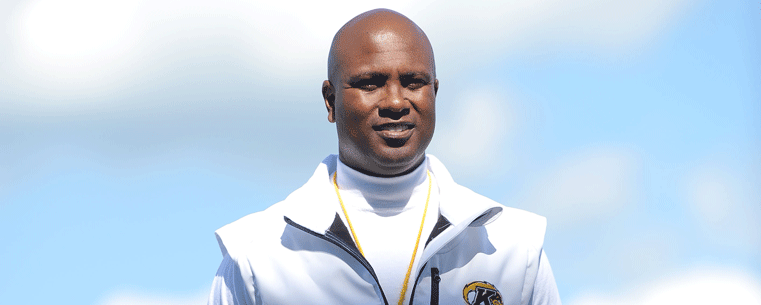 Kent State Golden Flashes head football coach Darrell Hazell poses for a photo in the stands at Dix Stadium.