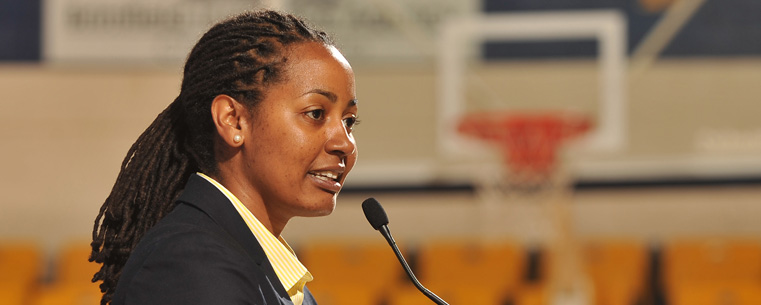 <p>Danielle O'Banion, formerly associate head coach at Memphis, speaks during a press conference announcing her as head coach of the Kent State women's basketball team.</p>