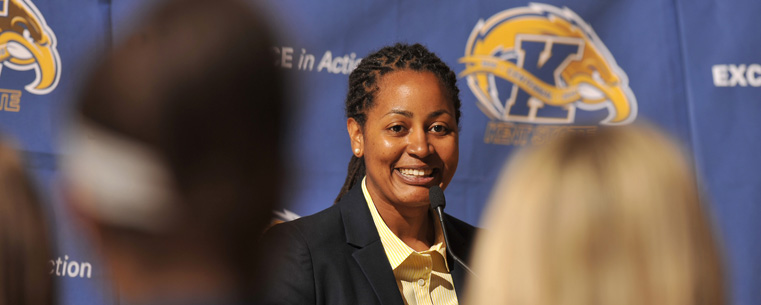 Danielle O'Banion, formerly associate head coach at Memphis, speaks during a press conference announcing her as head coach of the Kent State women's basketball team.