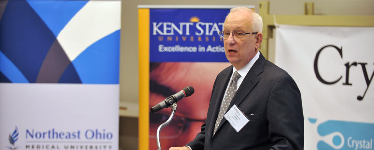 Kent State University President Lester A. Lefton speaks during a press conference at Crystal Diagnostics located in the Kent State Centennial Research Park in Kent, Ohio. Crystal Diagnostics is marketing a product based on technology invented at Kent State and Northeast Ohio Medical University.