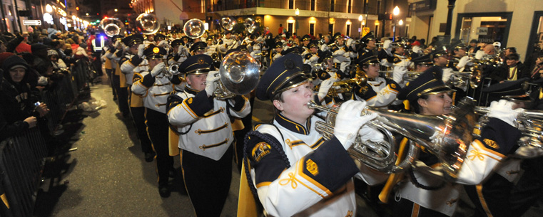 The Kent State Marching Band makes it way down Royal Street in Mobile, Alabama during the Mardi Gras Parade.