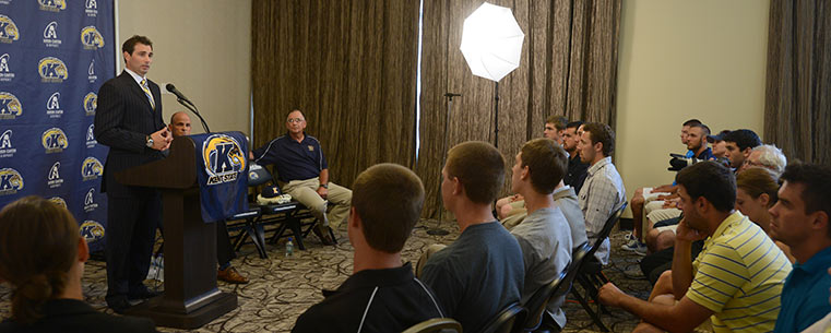 New Kent State head baseball coach Jeff Duncan speaks to the media and members of the baseball team during a press conference held at the Kent State University Hotel and Conference Center.