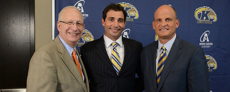 (From left to right) Kent State President Lester A. Lefton poses with new head baseball coach Jeff Duncan and Director of Athletics Joel Nielsen after a press conference introducing Duncan.