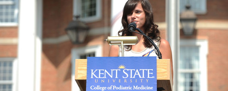 Amy Miceli, a student in the College of Podiatric Medicine and President of the Ohio Podiatric Medical Students Association, speaks during the ribbon-tying event held at the Kent State University College of Podiatric Medicine.