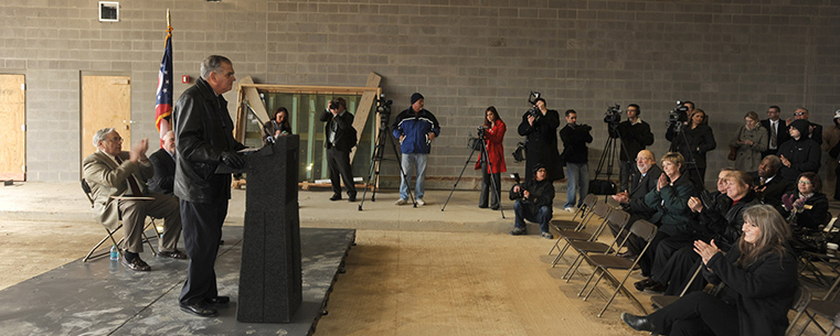 U.S. Transportation Secretary Ray LaHood speaks during a press conference at PARTA’s new Kent Central Gateway multimodal transit center in downtown Kent.