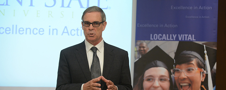 Jim Clay, leader of the Westfield Group, speaks during a press conference in the George Urban Board of Trustees Conference Room on the Kent Campus. Clay joined Ohio Lt. Gov. Mary Taylor and Kent State officials to discuss the talent gap in the insurance industry and the need ensure these high-paid, high-skilled positions are filled by a new generation of trained professionals.