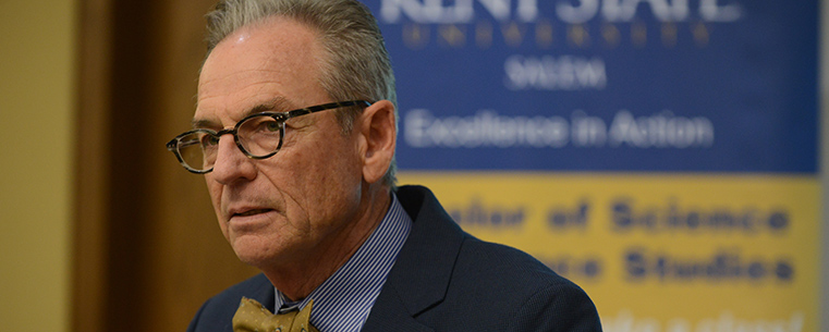 Stephen Nameth, dean of Kent State’s Columbiana County campuses, speaks during the press conference about the university’s bachelor degree in insurance studies.