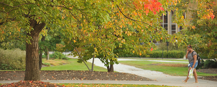 A Kent State student walks back to her residence hall and passes by some trees near Cunningham Hall.