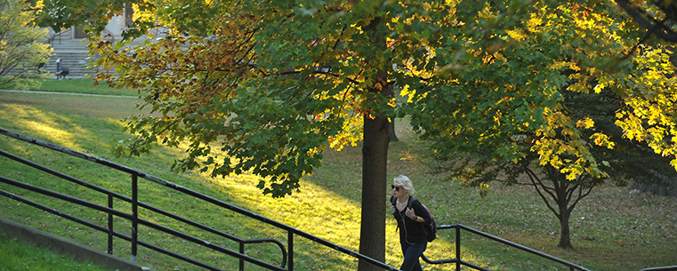 A Kent State student takes the stairs up a hill from Rockwell Hall.