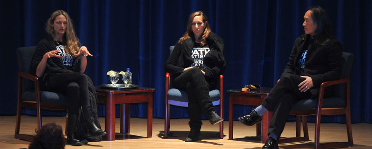 Colleen Saidman Yee, Donna Karan and Rodney Yee discuss the importance of self-care and wellness for nurses as part of the Kent State University College of Nursing's annual conference. The keynote address took place in the Kent Student Center Kiva.