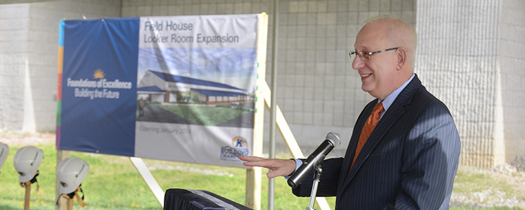 Kent State President Lester A. Lefton speaks during the groundbreaking for Kent State’s Field House Locker Room project.