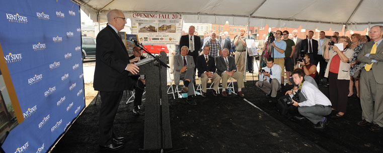 Kent State University President Lester A. Lefton speaks during the Aug. 9 groundbreaking ceremony.