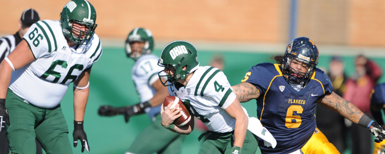 Defensive lineman Dana Brown takes down sacks the quarterback for Ohio University during the final home game.