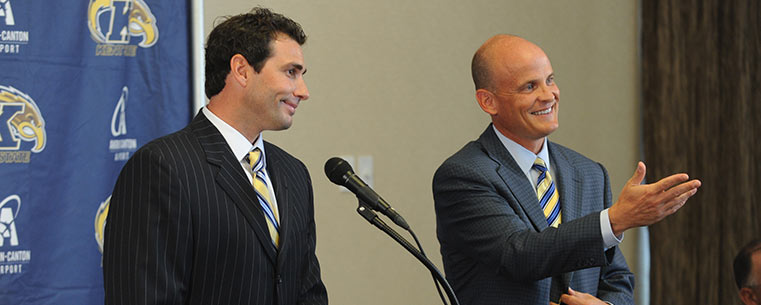 New Kent State head baseball coach Jeff Duncan (left) and Director of Athletics Joel Nielsen (right) answer questions during a press conference announcing Duncan as coach.