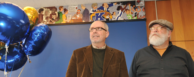 <p>Comic strip artists and Kent State alumni Tom Batiuk and Chuck Ayers wait to be introduced during the grand opening of The Nest. The Nest is a new student lounge located on the second floor of the Kent Student Center.</p>