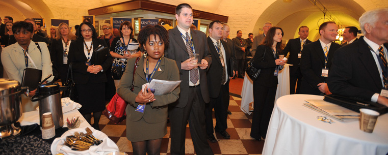 <p>Students, staff, faculty members, alumni, employers and legislators listen to Kent State University President Lester A. Lefton give the opening remarks during Kent State Day at the Statehouse in Columbus.</p>