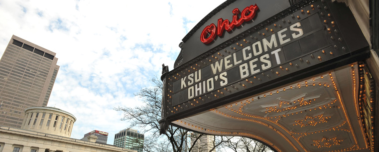 <p>Across from the Ohio Statehouse, the marquee of the Ohio Theatre welcomes members of the Kent State delegation to Capitol Square in Columbus.</p>