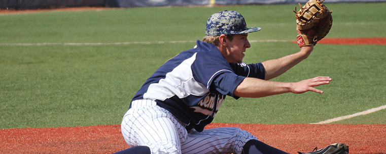 Kent State first baseman Cody Koch comes off the bag to handle a throw during a game.