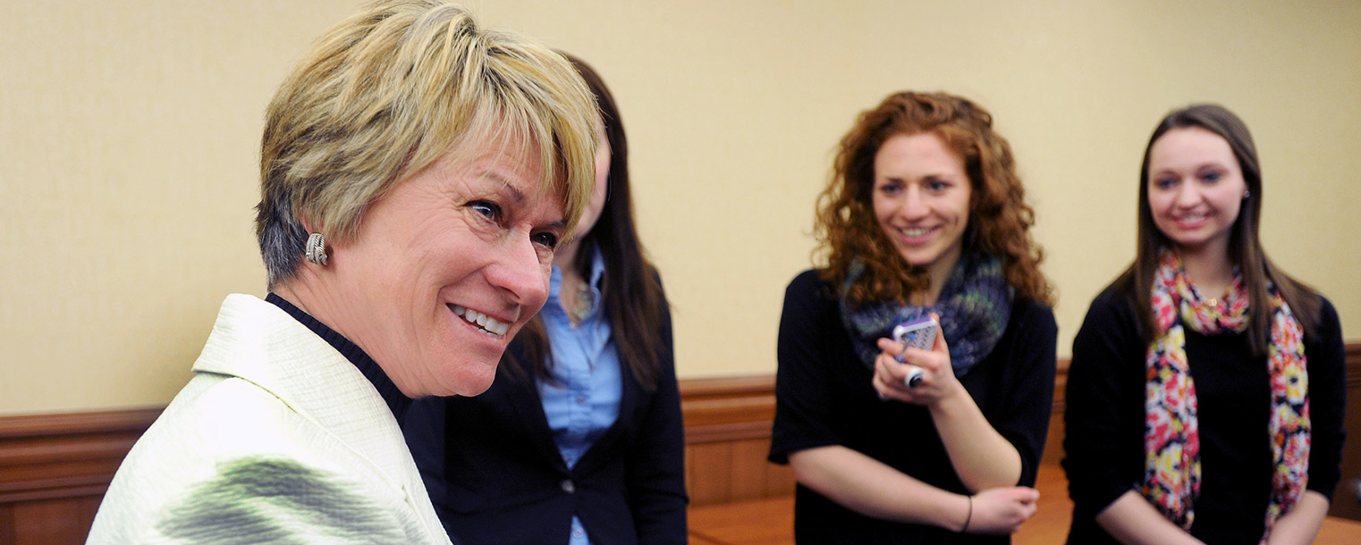 Beverly Warren, Kent State’s new president, chats with students in the Kent Student Center during a spring campus visit prior to beginning her presidency.