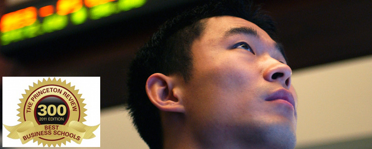 A student enrolled in the College of Business simulates derivatives trading on the Olga A. Mural Financial Engineering Trading Floor. The College of Business was recently voted a Best Business School by the Princeton Review.