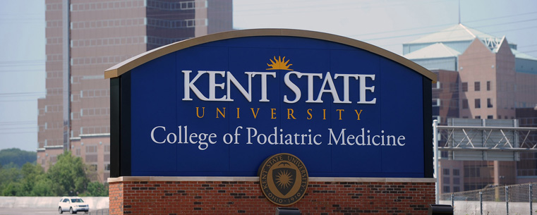 A newly installed Kent State College of Podiatric Medicine sign faces I-77, viewable for passengers traveling to and from Cleveland.