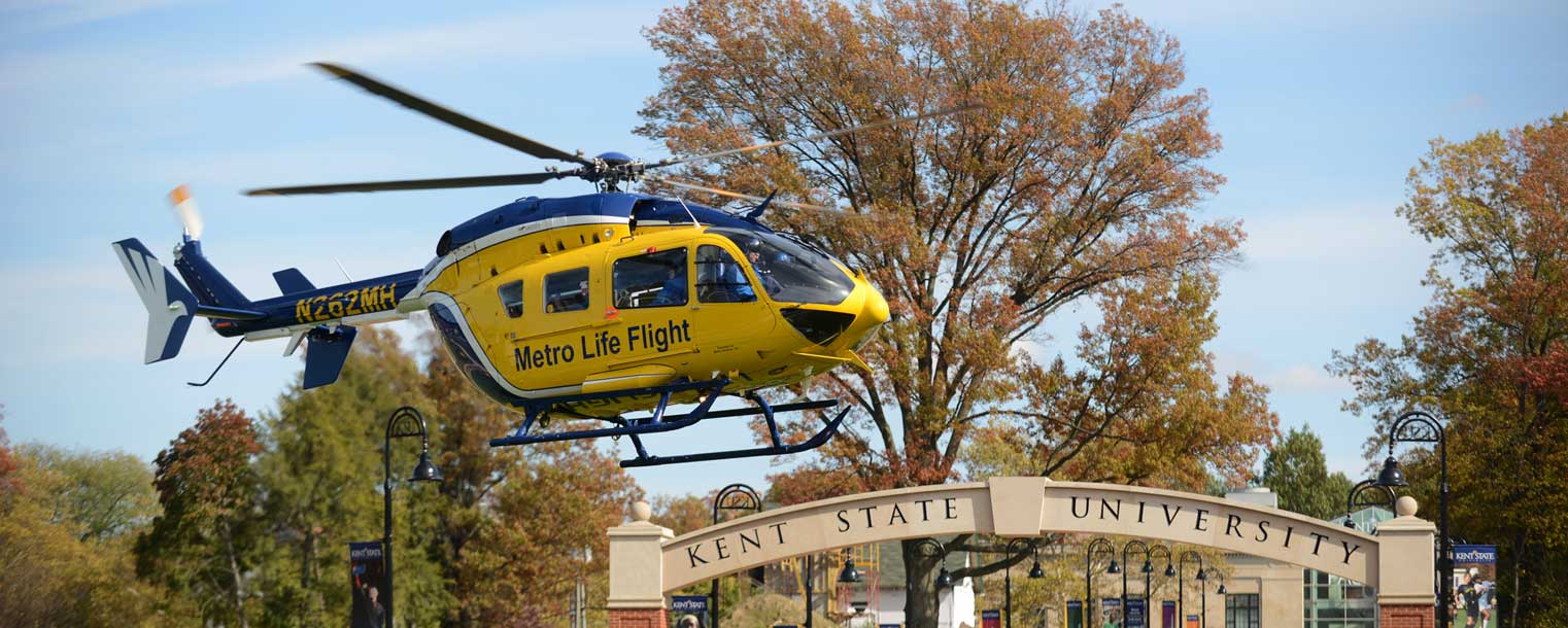 The Metro Life Flight helicopter lands on the Kent State University Esplanade.