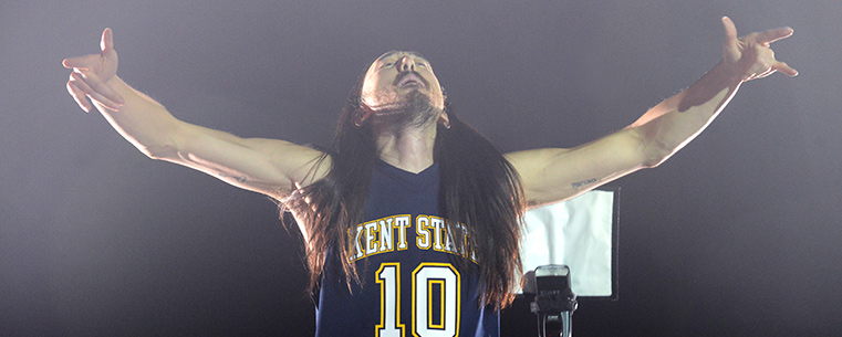 Musician Steve Aoki sports a Kent State shirt as he performs in the Memorial Athletic and Convocation Center as part of FlashFest 2013, an annual event for Kent State students.