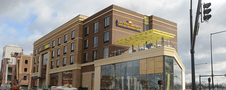 Work continues on the new Kent State University Hotel and Conference Center. Scheduled to open this summer, the hotel and conference center is a partnership between the Kent State University Foundation and the Pizzuti Companies of Columbus, Ohio.