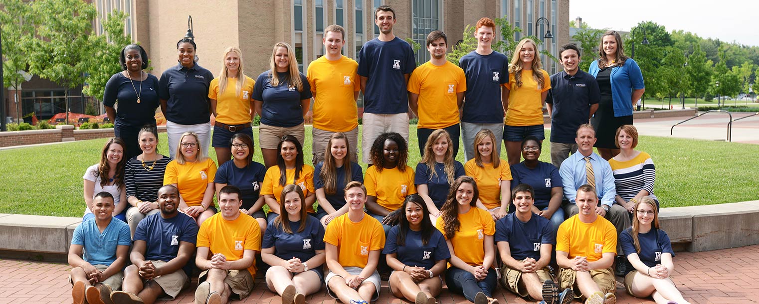 The 2014 Flashguides, mentors to new students during the Destination Kent State advising and registration program, and Kent State staff gather for a group photo in Risman Plaza.