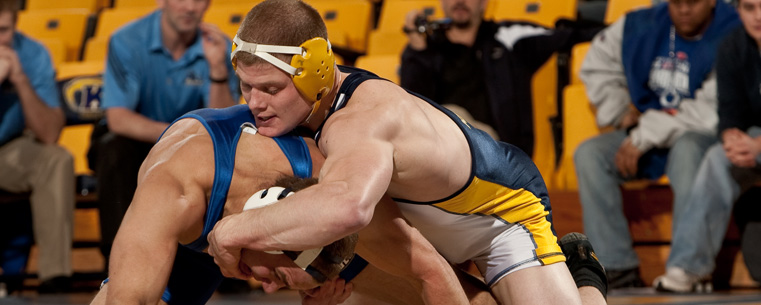 Kent State wrestler Dustin Kilgore (197) is pictured here in a match from earlier this season. He vies for the national championship March 19.