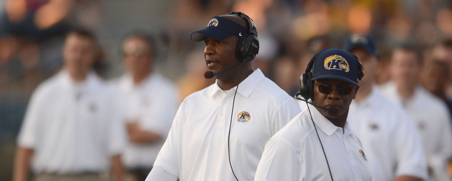 Kent State head football coach Paul Haynes watches the action from the sidelines.