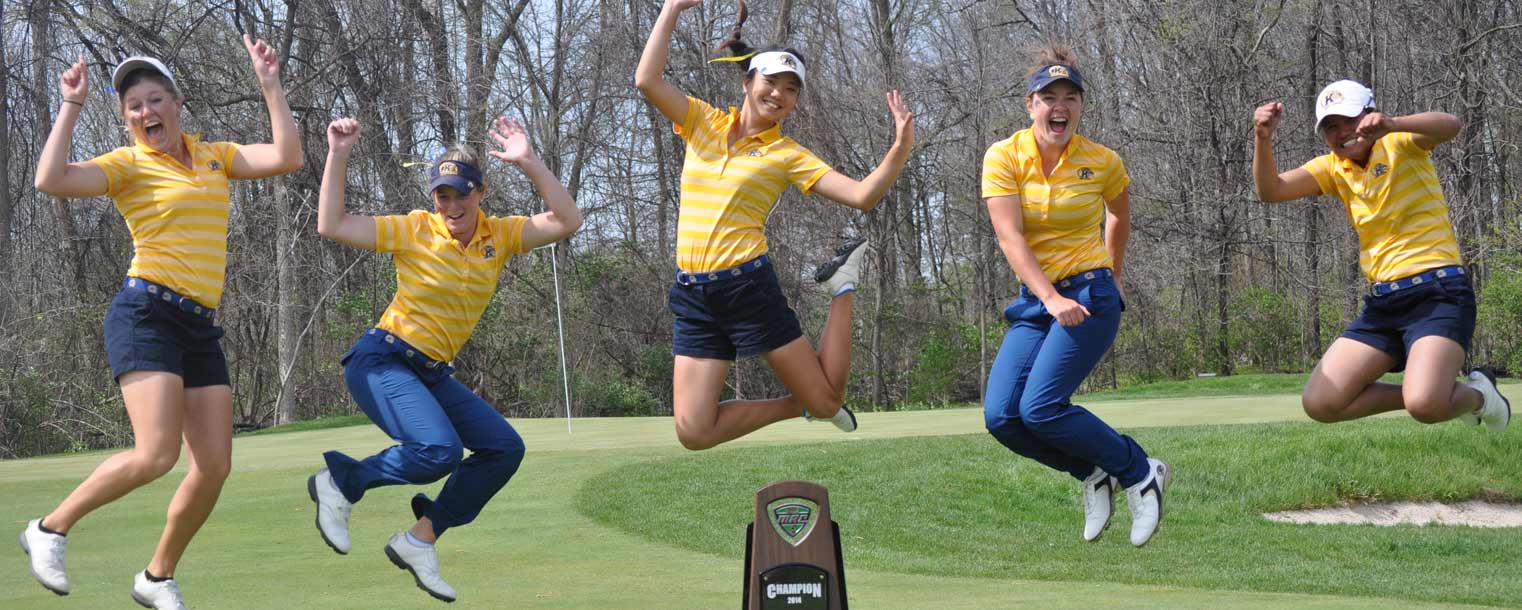 Members of the Kent State women’s golf team celebrate after winning the MAC Championship.