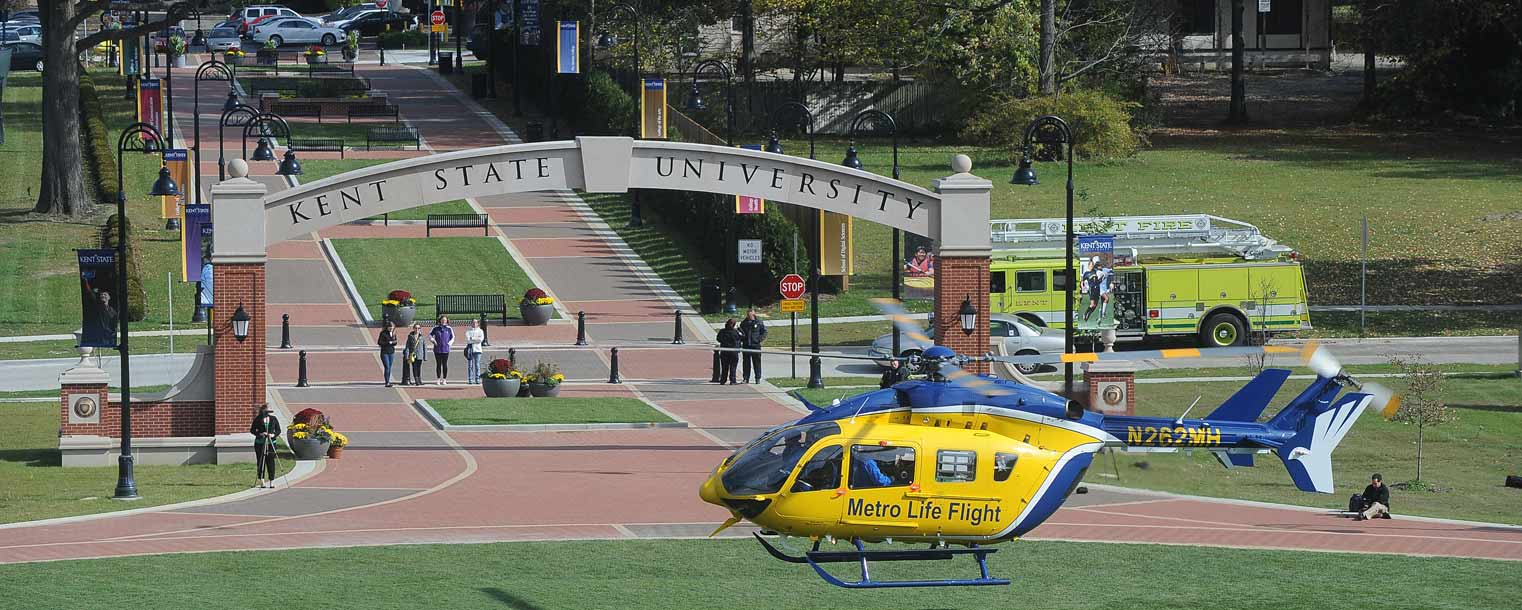 The Metro Life Flight helicopter lands on the Kent State University Esplanade.