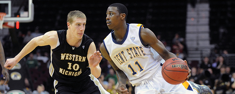 A Kent State player drives to the baseline during the 2012 MAC Tournament at Quicken Loans Arena in Cleveland.