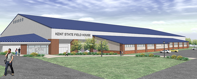 Kent State’s new Field House locker room will provide a new facility for soccer, softball, field hockey, men’s and women’s track and cross country. In this facility, there will be a locker room, lounge area and satellite training space for athletes. (Provided by Design Build Team of Regency Construction Services and The Collaborative Inc.)